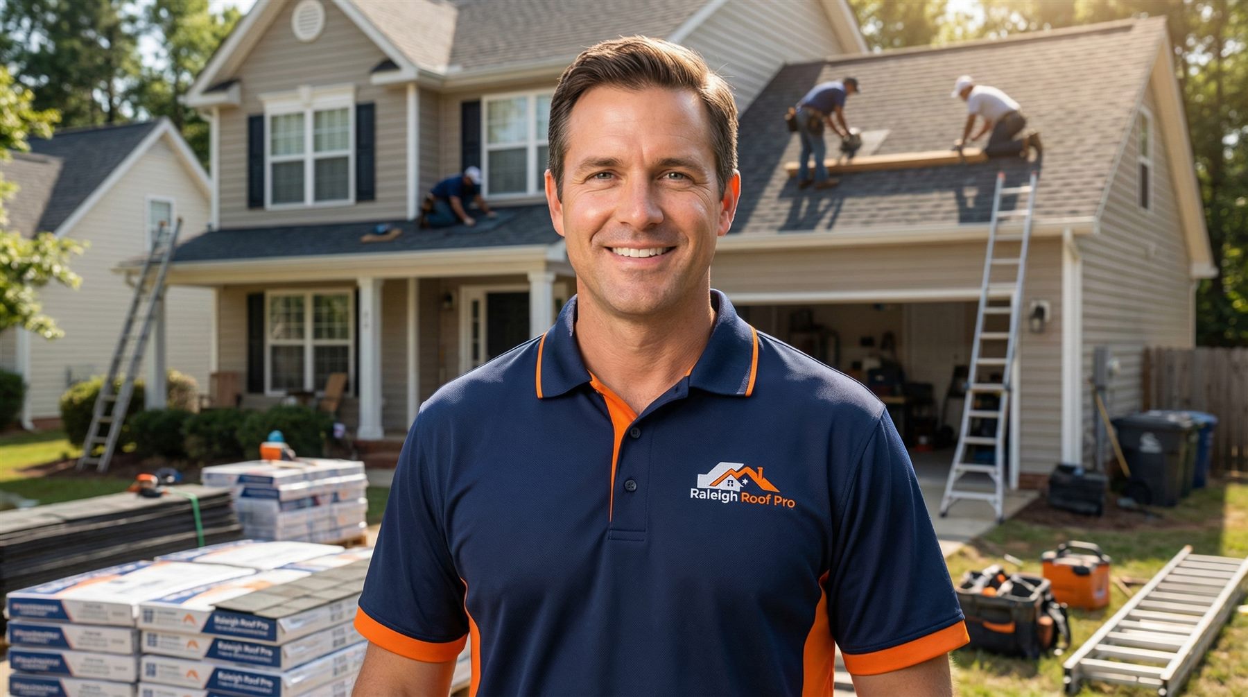 Raleigh Roof Pro team member standing in front of a completed roofing project